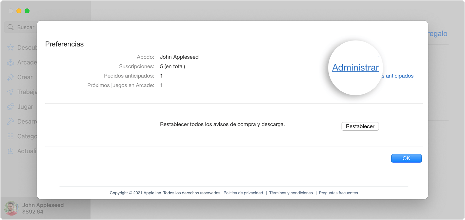 Mac en la que se muestra la página Información de la cuenta que aparece después de hacer clic en Ver información.