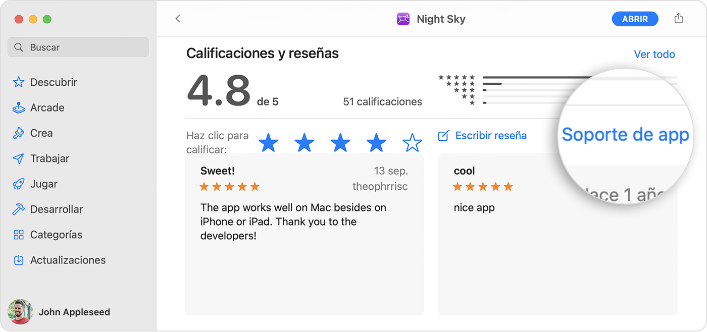 En App Store de la Mac, el botón Soporte de app se encuentra debajo de la sección de calificaciones y reseñas de la página de la app.