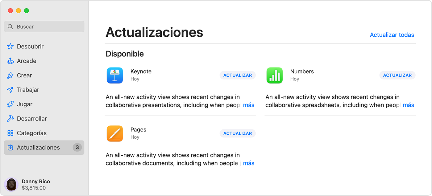 Mac en la que se muestra la página Actualizaciones en App Store.
