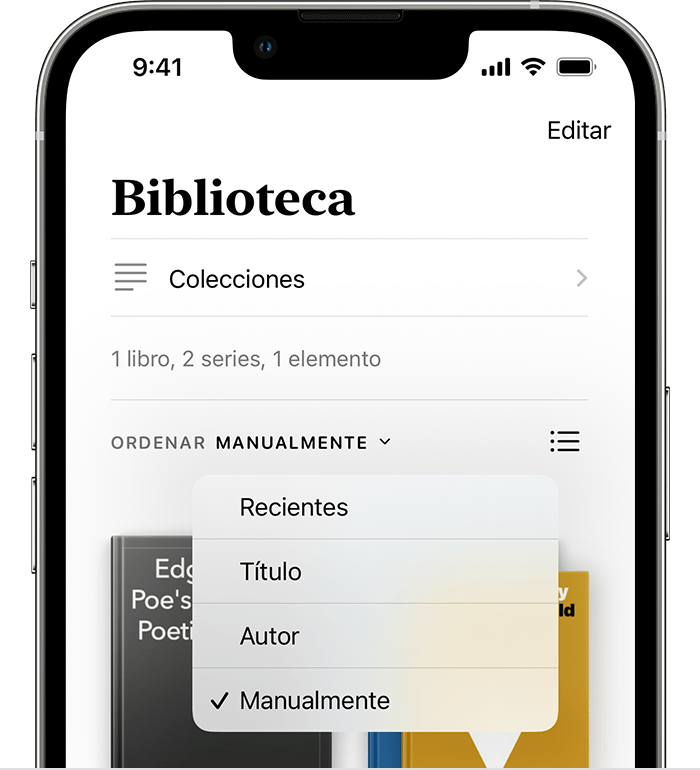 La opción Manualmente en la pestaña Biblioteca en el iPhone