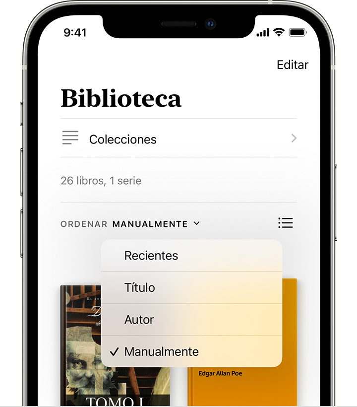 iPhone en el que se muestra la biblioteca y las opciones para ordenar los libros, incluidas Recientes, Título, Autor y Manualmente.