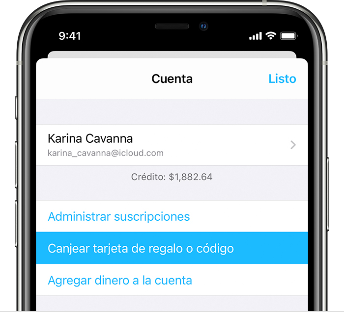 iPhone en el que se muestra la opción Canjear tarjeta de regalo o código en el menú.