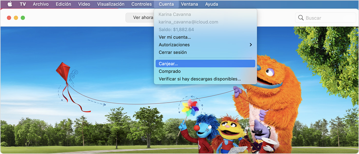 Mac en la que se muestra la opción Canjear en el menú de la app Apple TV.