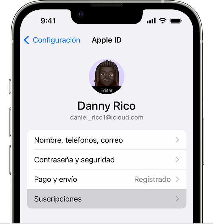 El botón Suscripciones en Configuración del iPhone.