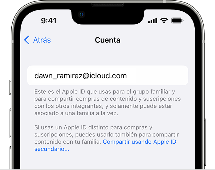Compartir usando Apple ID secundario aparece en texto azul.