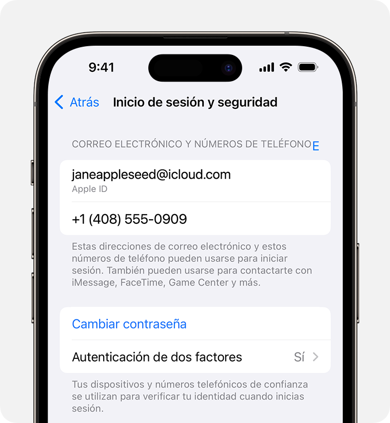 En la configuración del Apple ID, busca las direcciones de correo electrónico y los números de teléfono que puedes usar para iniciar sesión en tu Apple ID.