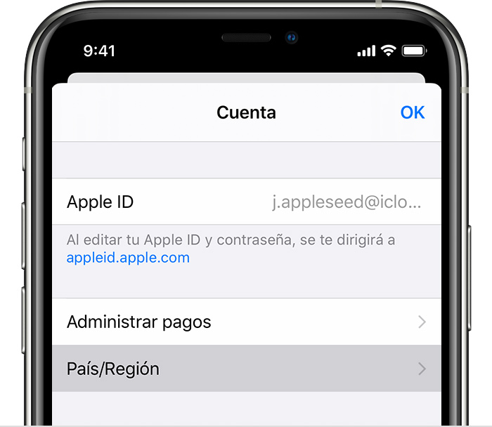 iPhone en el que se muestra la página Configuración de la cuenta.