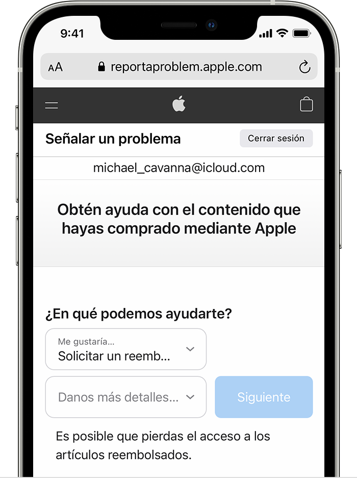 iPhone en el que se muestra el sitio web “Reportar un problema” donde puedes solicitar un reembolso. Después de seleccionar la opción para solicitar un reembolso, elige el motivo por el que lo solicitas.