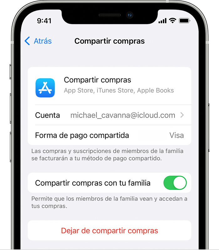 iPhone en el que se muestra una tarjeta Visa como método de pago compartido.