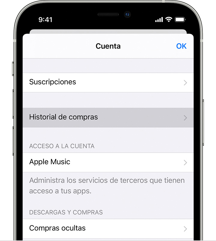 iPhone en el que se muestra la opción de menú Historial de compras en Configuración.