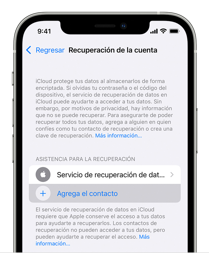La opción Agrega el contacto aparece debajo del Servicio de recuperación de datos en iCloud.