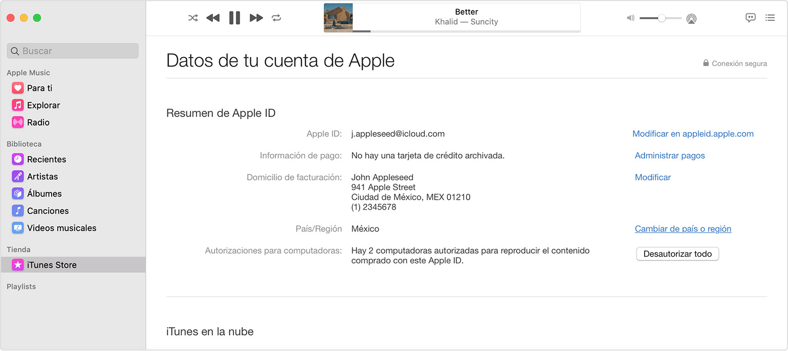 Mac en la que se muestra la página Información de la cuenta.