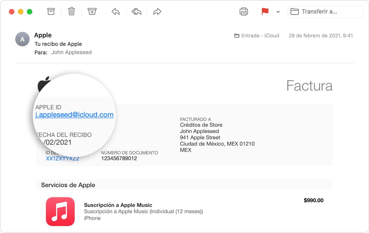 Un recibo enviado por correo electrónico en el que se muestra el Apple ID de la persona que compró la suscripción de Apple Music.