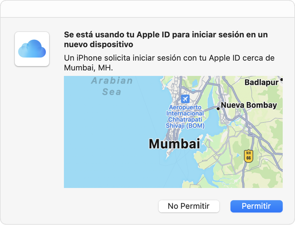 Mapa con Buffalo, NY marcado prominentemente. El texto indica que se está usando un Apple ID para iniciar sesión en un iPhone cerca de Buffalo.