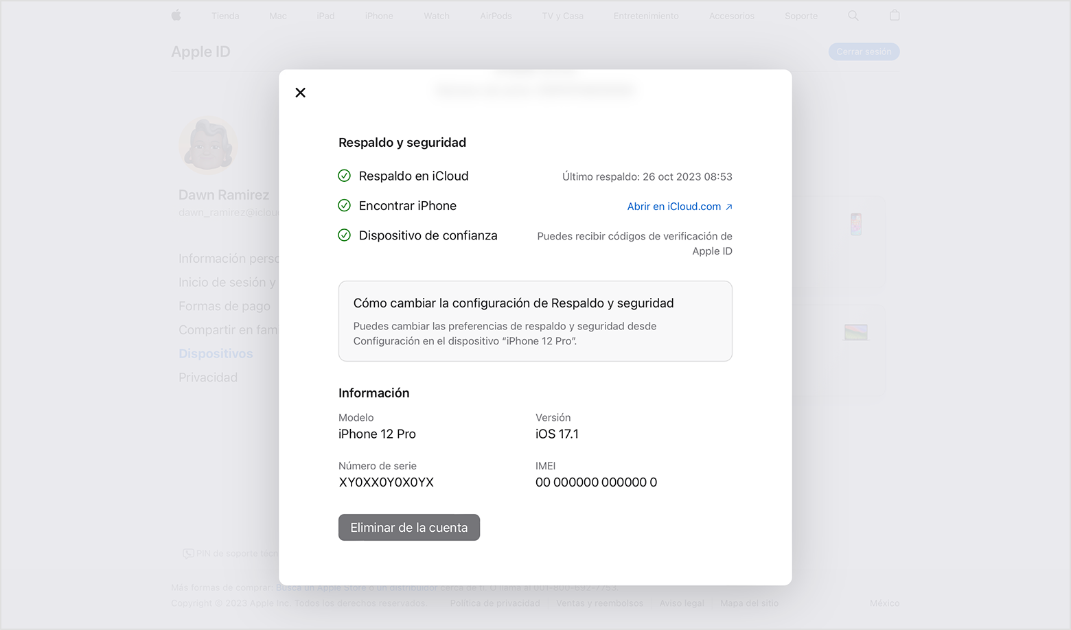 Página de la cuenta del Apple ID en la que se muestra cómo eliminar un dispositivo de la cuenta del Apple ID