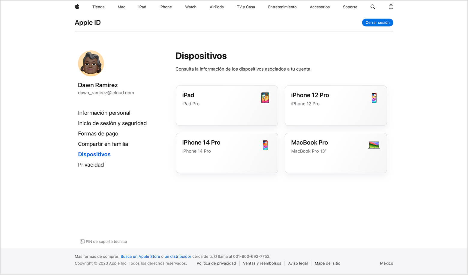 Página de la cuenta del Apple ID en línea en la que se muestran los dispositivos que tienen sesión iniciada con tu Apple ID