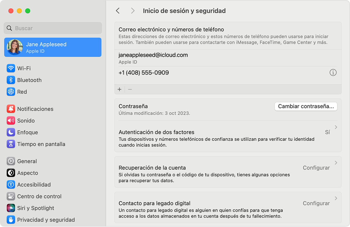 En la configuración del Apple ID en la Mac, busca las direcciones de correo electrónico y los números de teléfono que puedes usar para iniciar sesión en tu Apple ID.