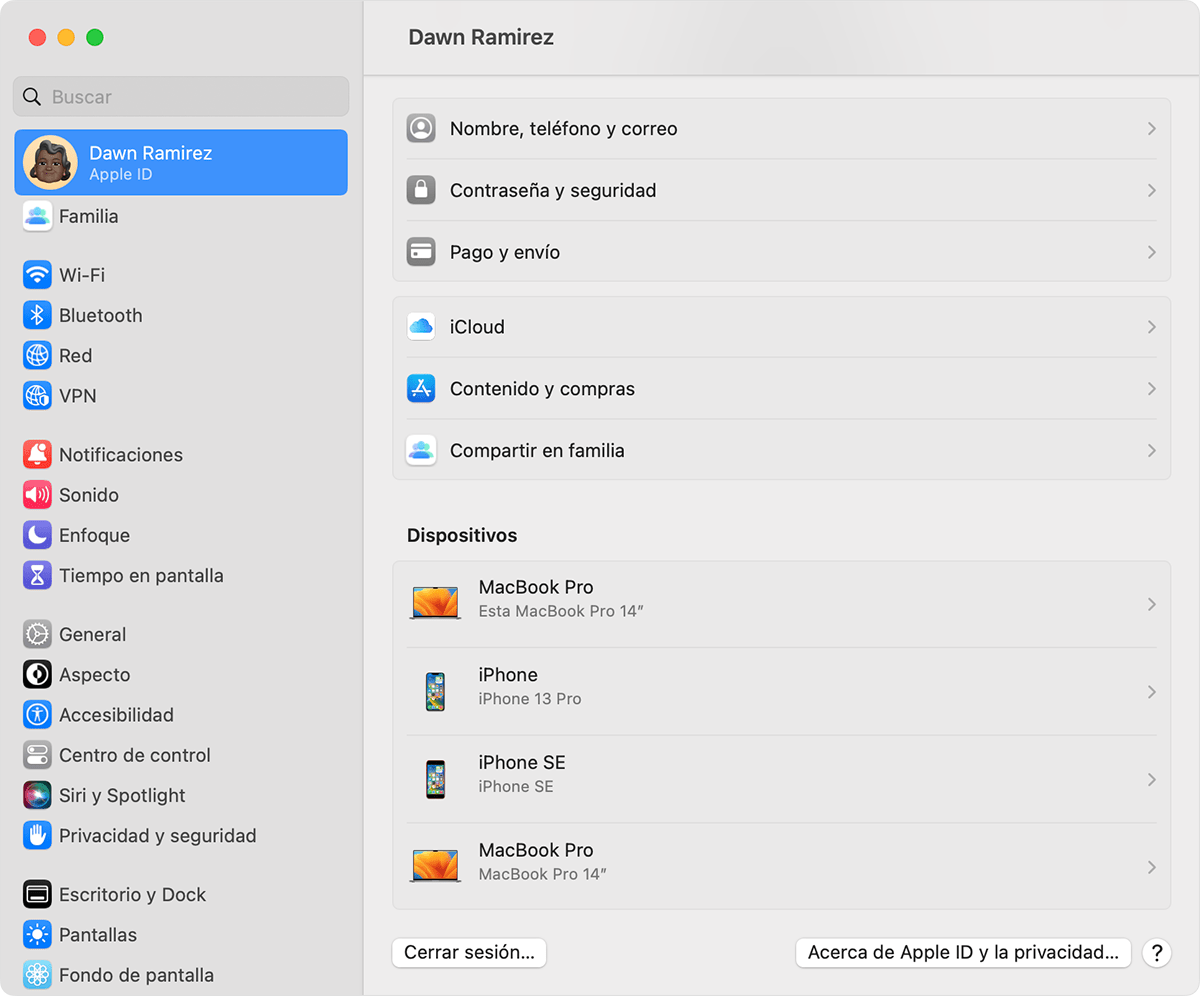 En la Mac, busca los dispositivos en los que iniciaste sesión con tu Apple ID en Configuración del Sistema