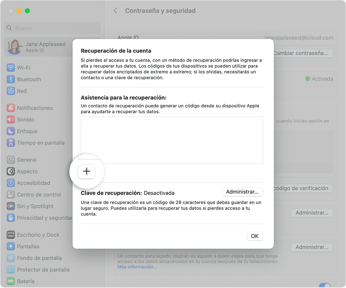 En la Mac, agrega un contacto de recuperación en Configuración del Sistema