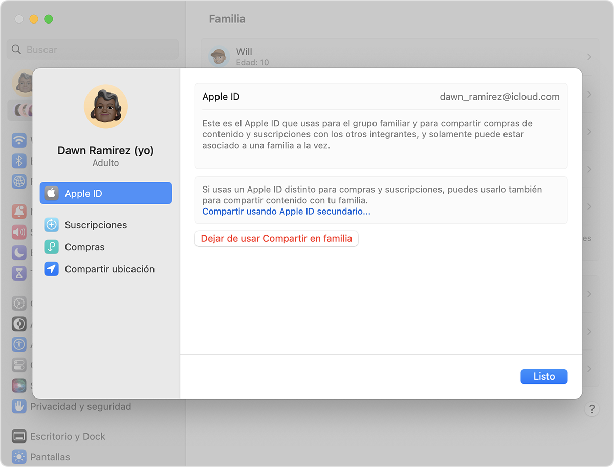 Compartir usando Apple ID secundario aparece en texto azul.