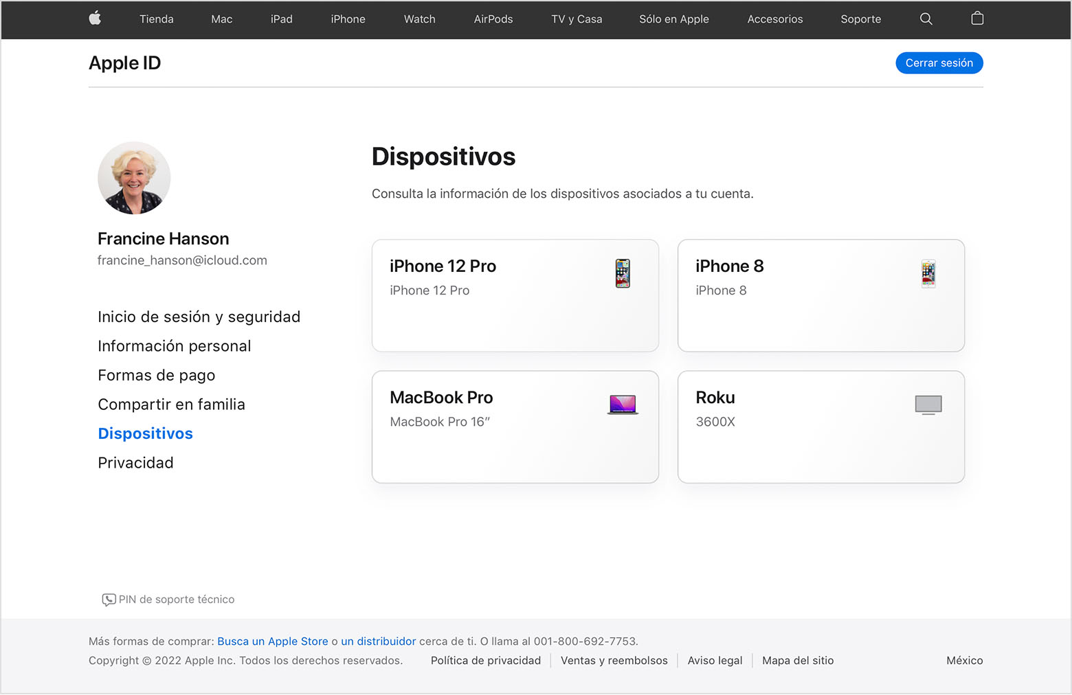 Imagen de appleid.apple.com en la que se muestran tres dispositivos para Francine Hanson: un iPhone 12 Pro, una MacBook Pro y un Roku.