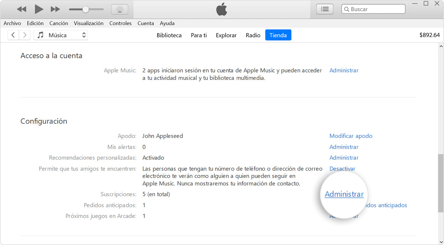 iTunes en una PC con el botón Administrar junto a las suscripciones.
