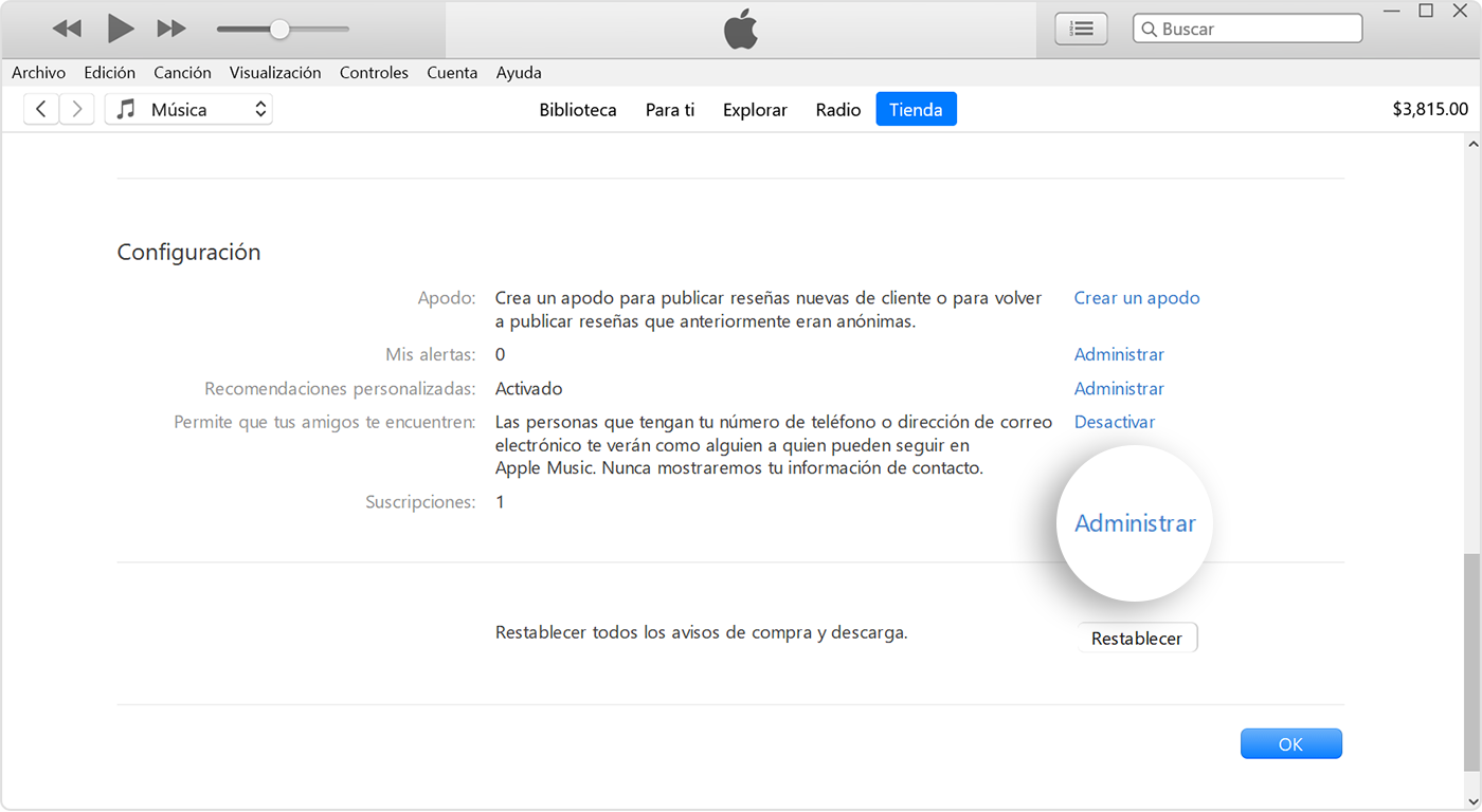 El botón Administrar junto a Suscripciones en iTunes.