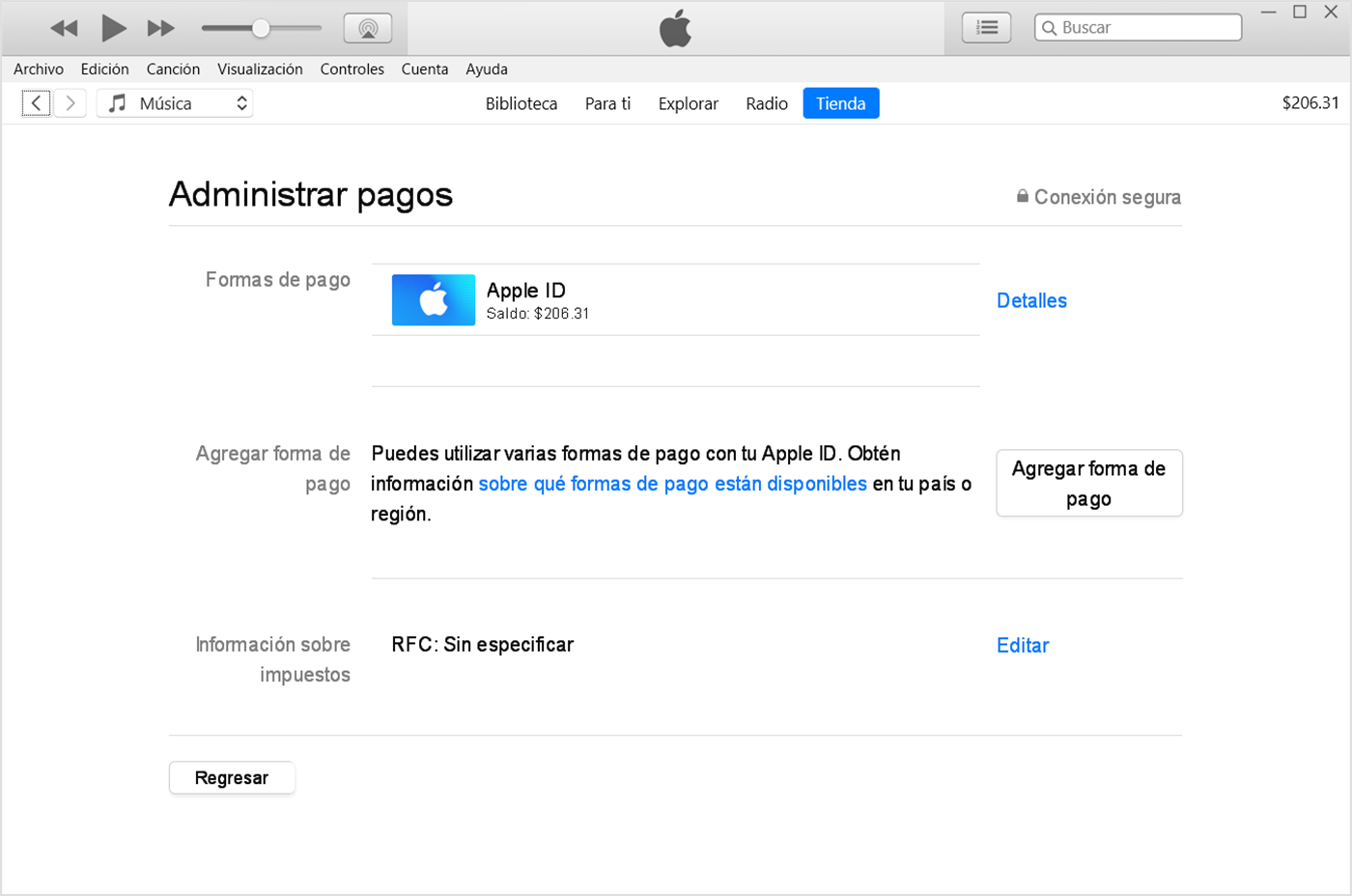 En iTunes en una PC, el botón Agregar pago aparece debajo de la lista de formas de pago.