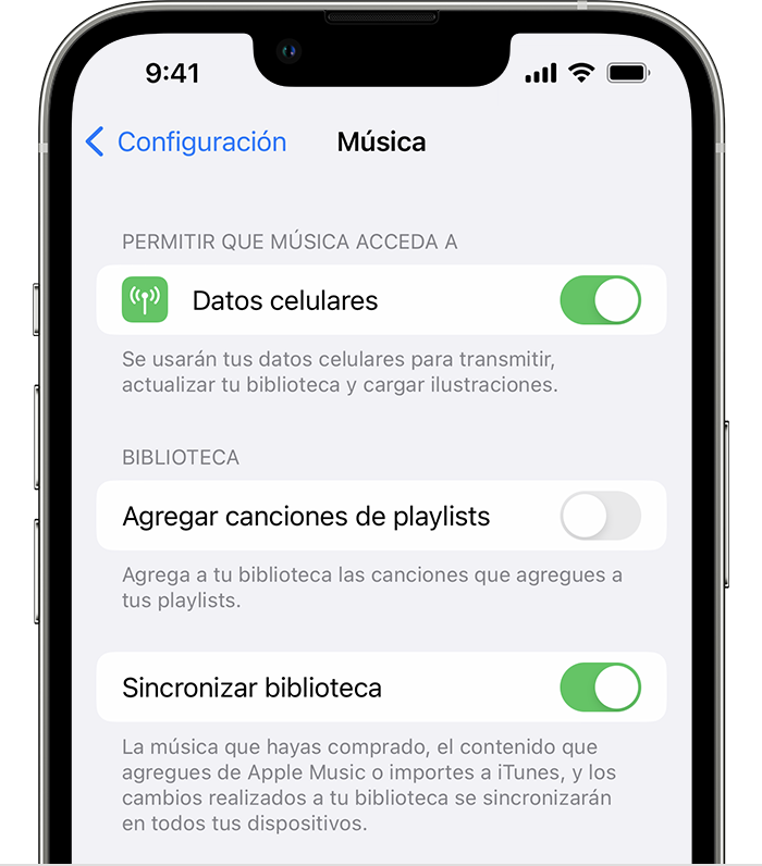 iPhone en el que se muestra Configuración de Música y la opción Sincronizar biblioteca activada