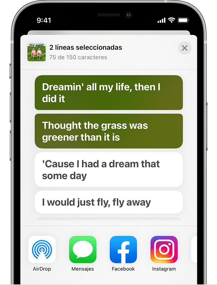 iPhone que muestra la hoja para compartir con dos líneas de una canción seleccionada. 