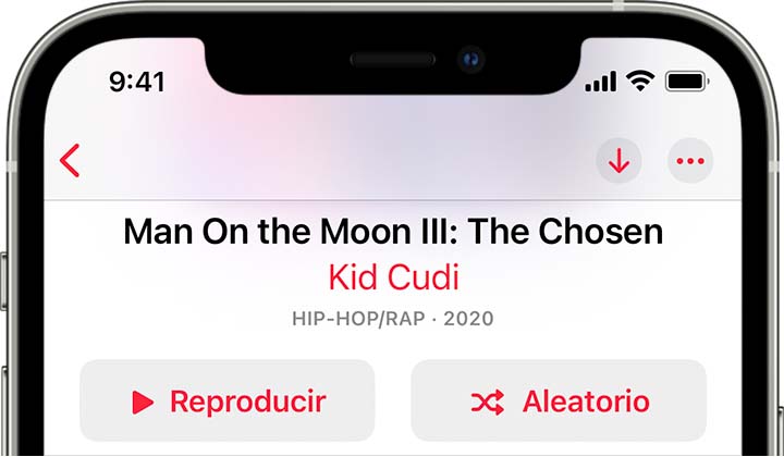 Un iPhone en el que se muestra el botón Aleatorio en la parte superior de un álbum.