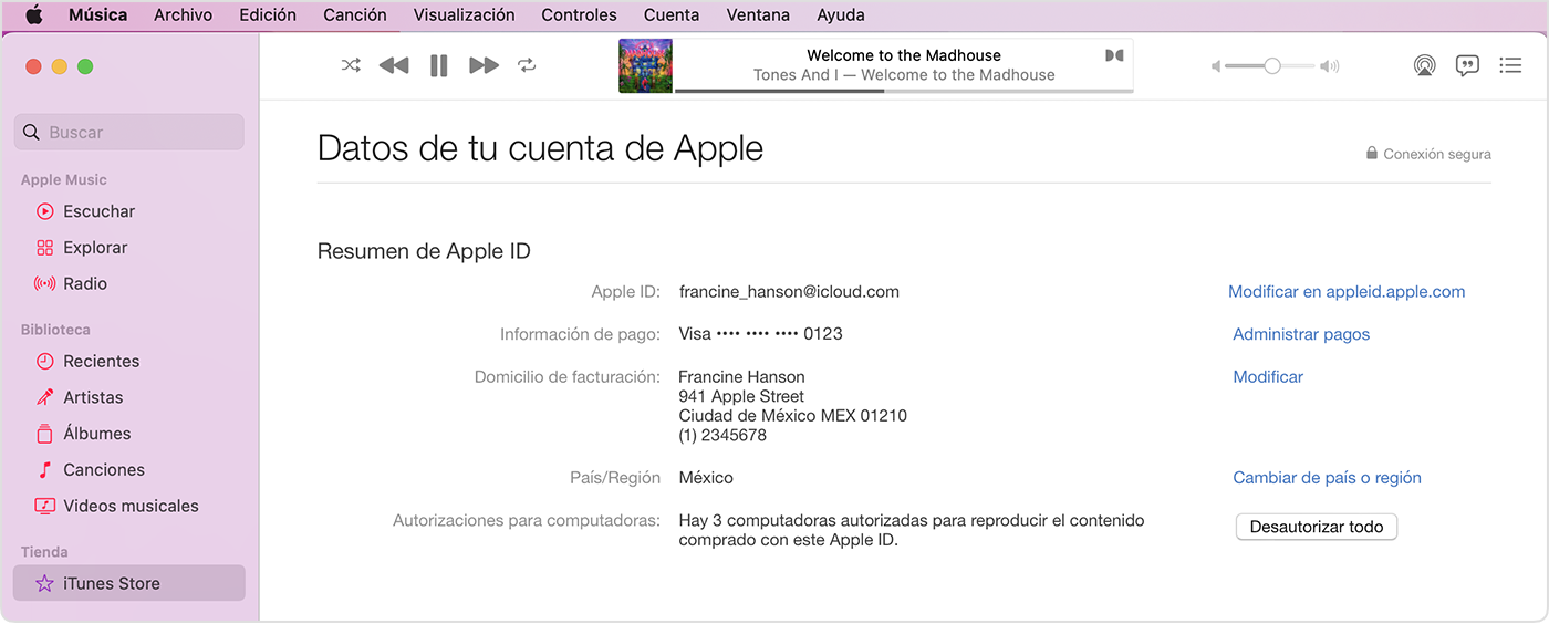 App Apple Music en la que se muestra la página de Información de la cuenta