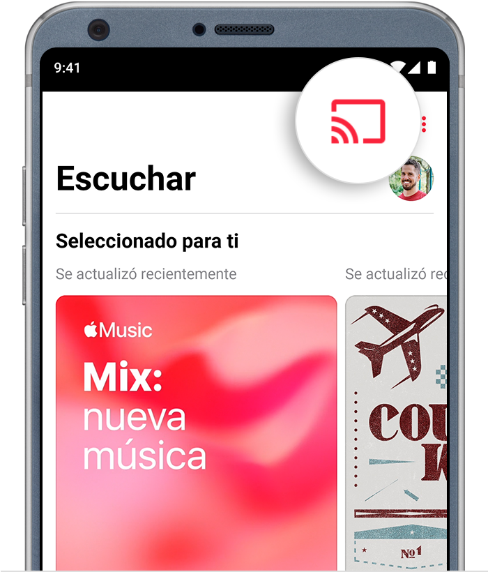 Teléfono Android que muestra el botón de transmisión en la parte superior de la app Apple Music