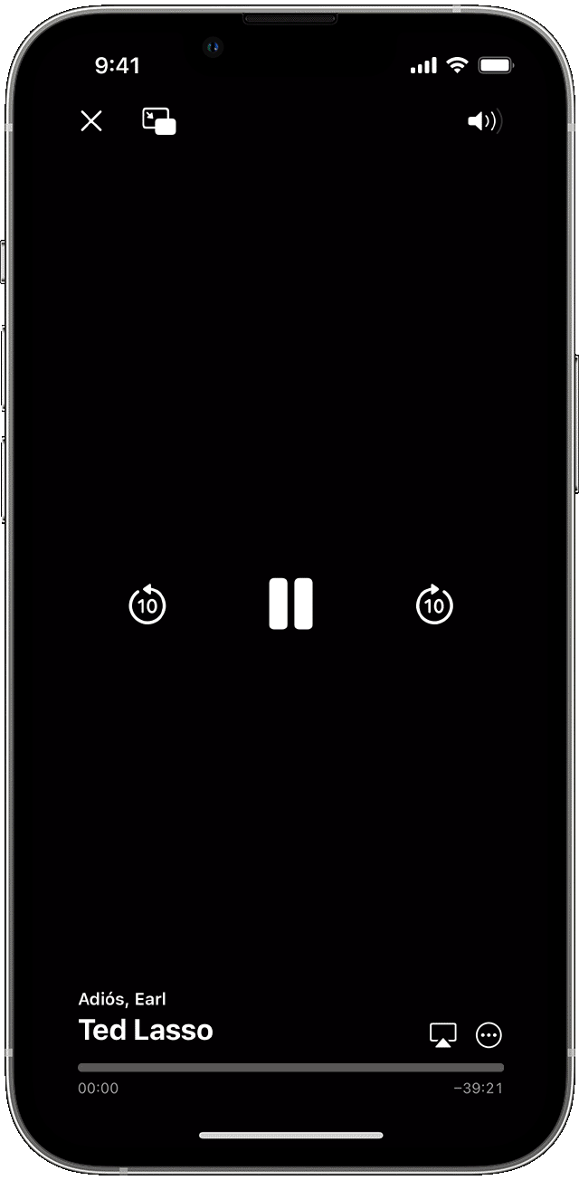 Animación de iOS en la que aparece el selector de AirPlay, se selecciona Sala y luego aparece una tarjeta de notificación en la que se confirma “AirPlay to Living Room” (Enviar de AirPlay a Sala).