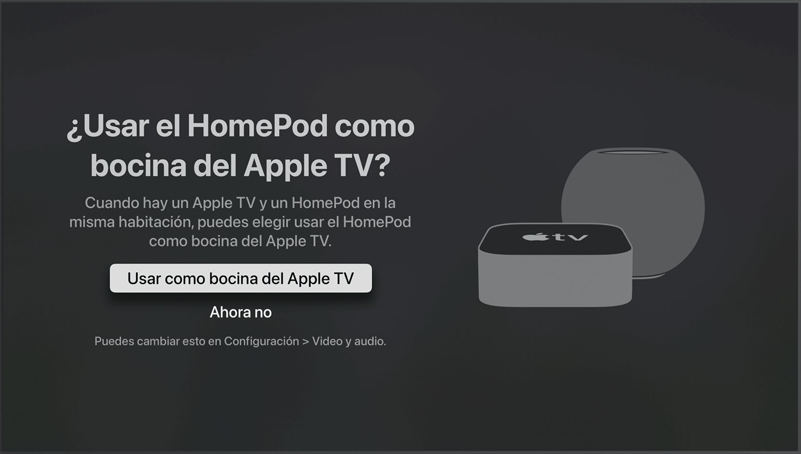 Captura de pantalla de tvOS en la que se muestra el mensaje para usar las bocinas HomePod como bocinas del Apple TV.