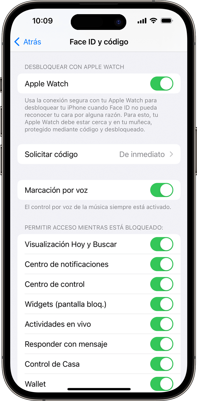 Captura de pantalla de iOS en la que se ven las opciones de configuración de Face ID y código.