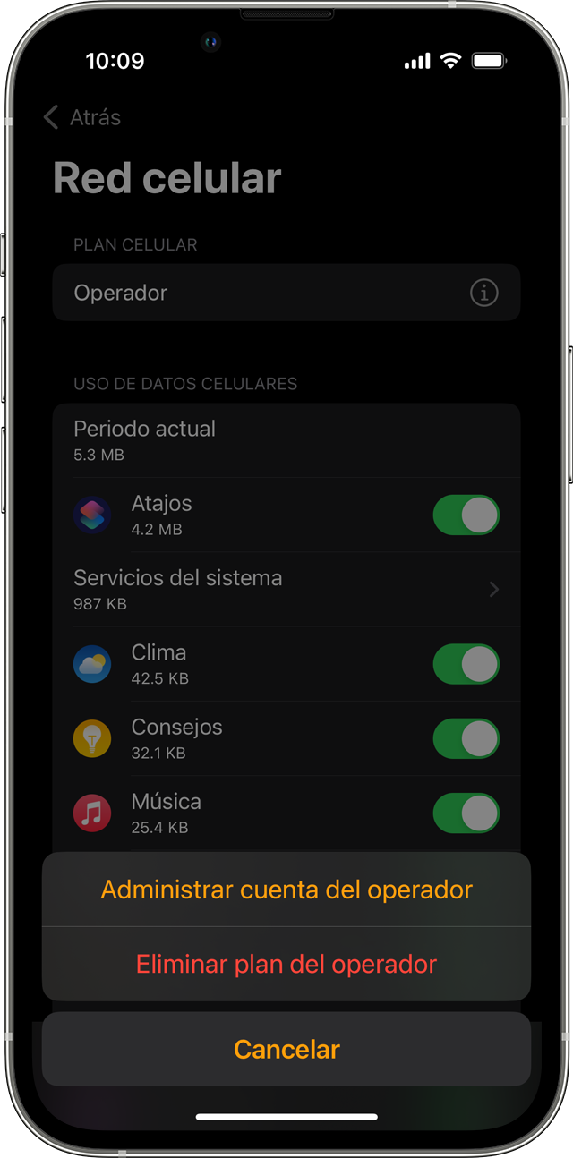 iPhone en el que se muestra la pantalla Datos celulares en la app Watch