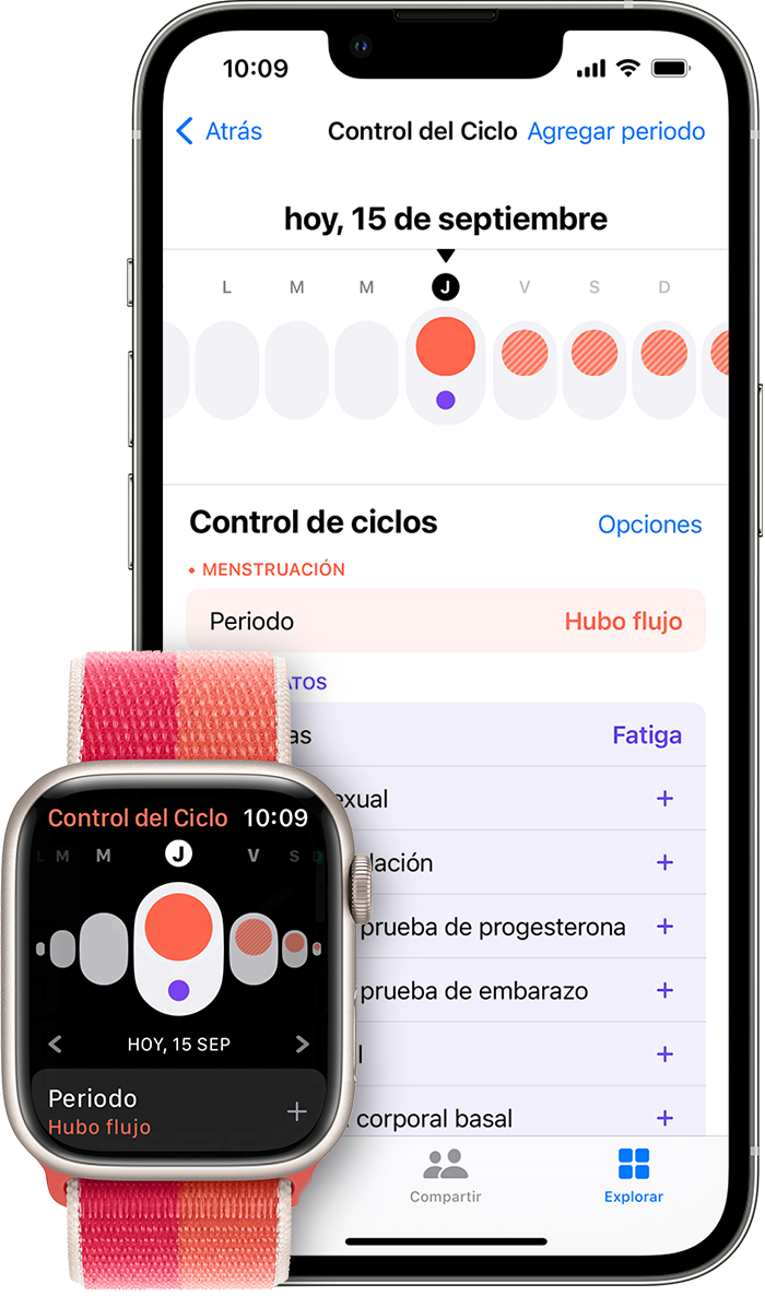 La app Control del Ciclo en el Apple Watch y la app Salud en el iPhone