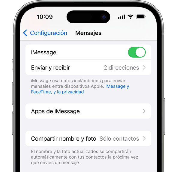 App Configuración del iPhone en la que se muestran distintas configuraciones para Mensajes