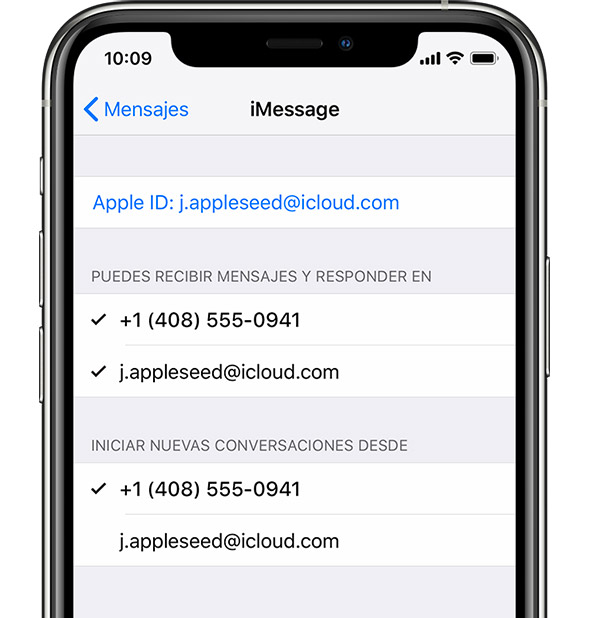 John Appleseed inició sesión en iMessage con su Apple ID.