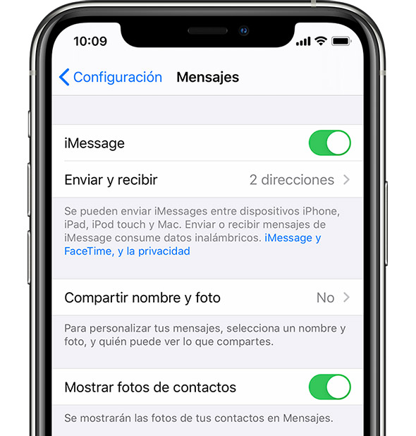 Configuración de iMessage en iPhone.