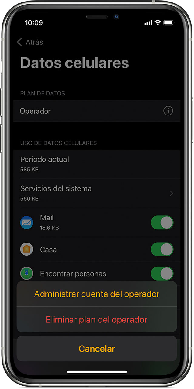 iPhone que muestra la Pantalla de datos celulares en la app Watch
