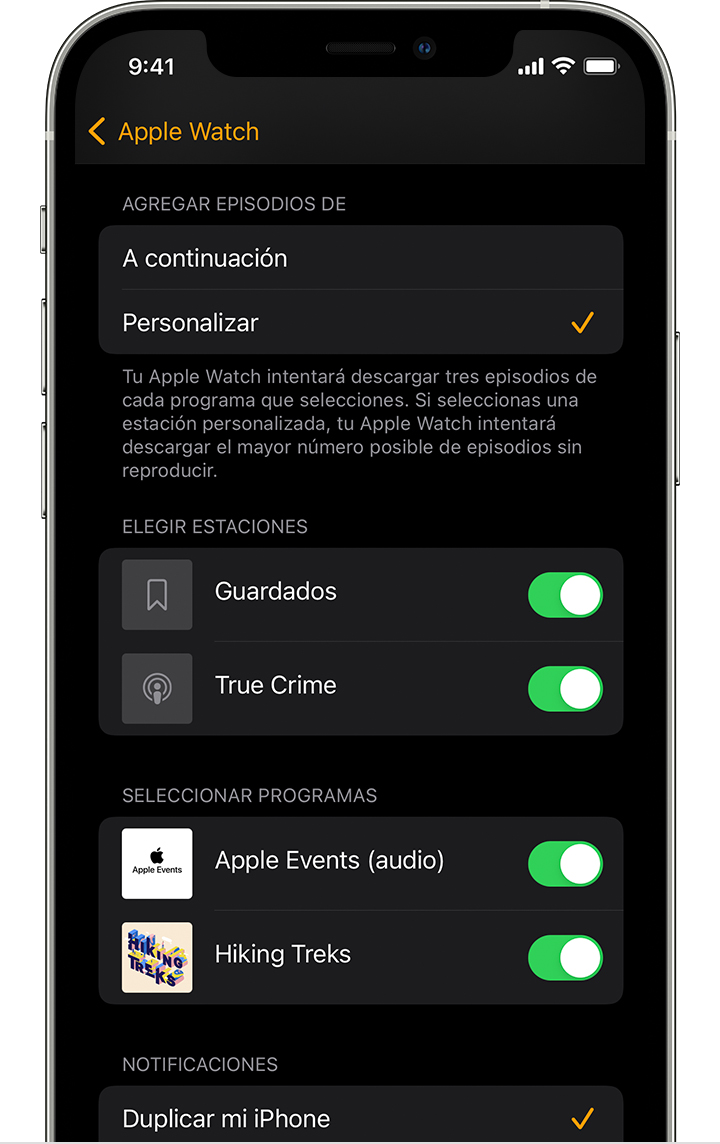 En la app Apple Watch del iPhone, se muestran programas y estaciones de podcast.