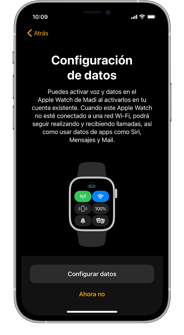 La pantalla Configuración de datos durante la configuración del Apple Watch en un iPhone.