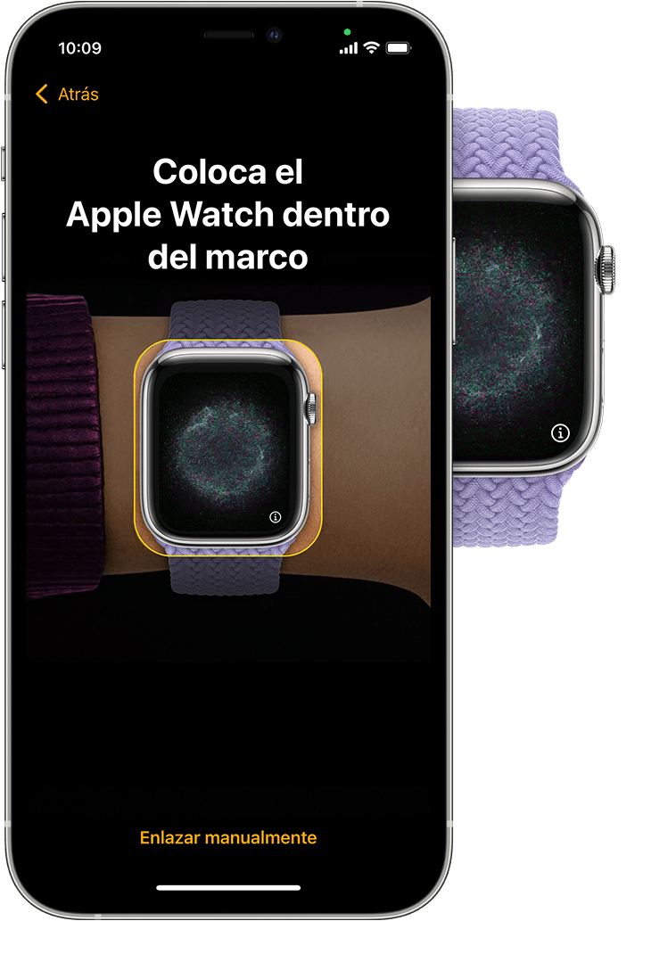Una pantalla de iPhone en la que se muestra cómo centrar el Apple Watch en el visor del iPhone.