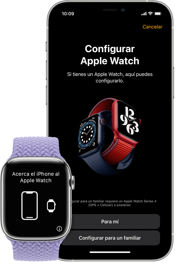 La pantalla de configuración inicial para enlazar un reloj nuevo en un iPhone y un Apple Watch.