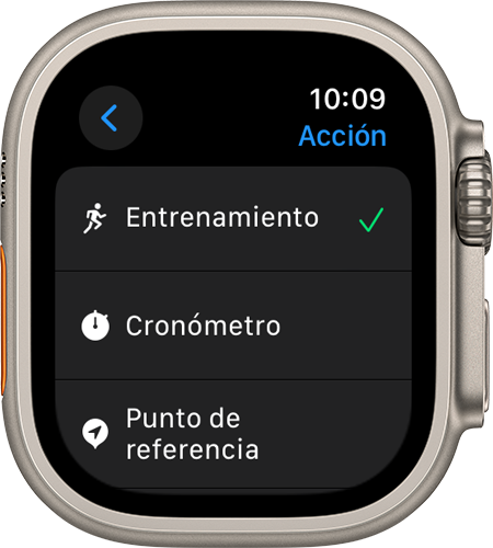 El Apple Watch Ultra muestra la pantalla Acción y varias configuraciones