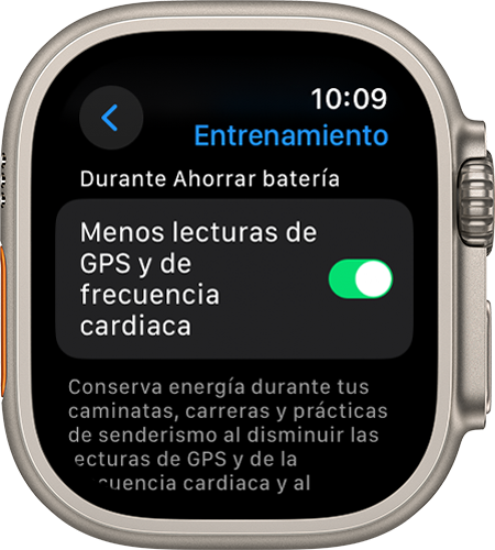 Pantalla de configuración de Entrenamiento en el Apple Watch en la que se muestra la configuración Menos lecturas de GPS y de frecuencia cardiaca