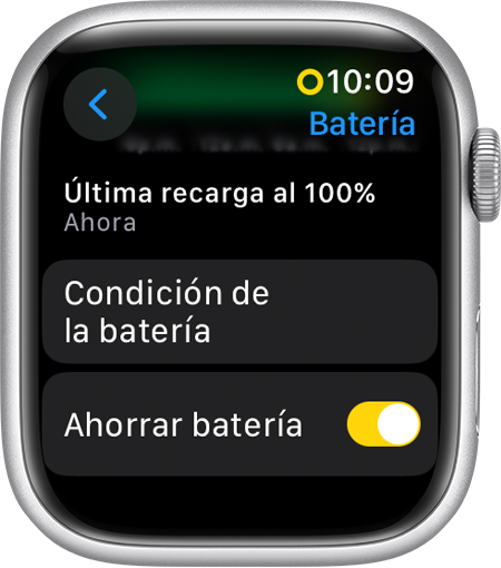 El Apple Watch en el que se muestra el modo Ahorrar batería en Configuración
