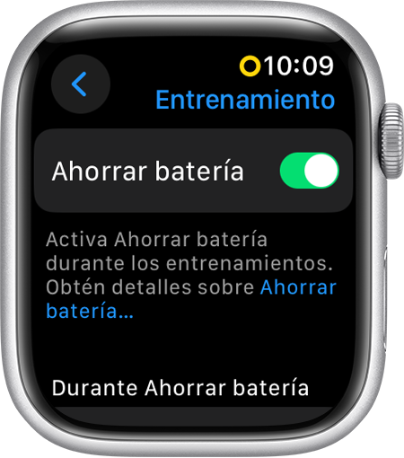 Apple Watch en el que se muestra el modo Ahorrar batería en la configuración de Entrenamiento